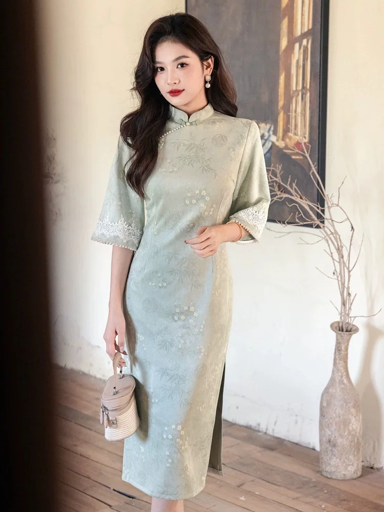 

Эластичное новое длинное платье Cheongsam без рукавов в китайском стиле, улучшенное молодое платье 2025 года, новое женское облегающее платье в стиле ретро Qipao