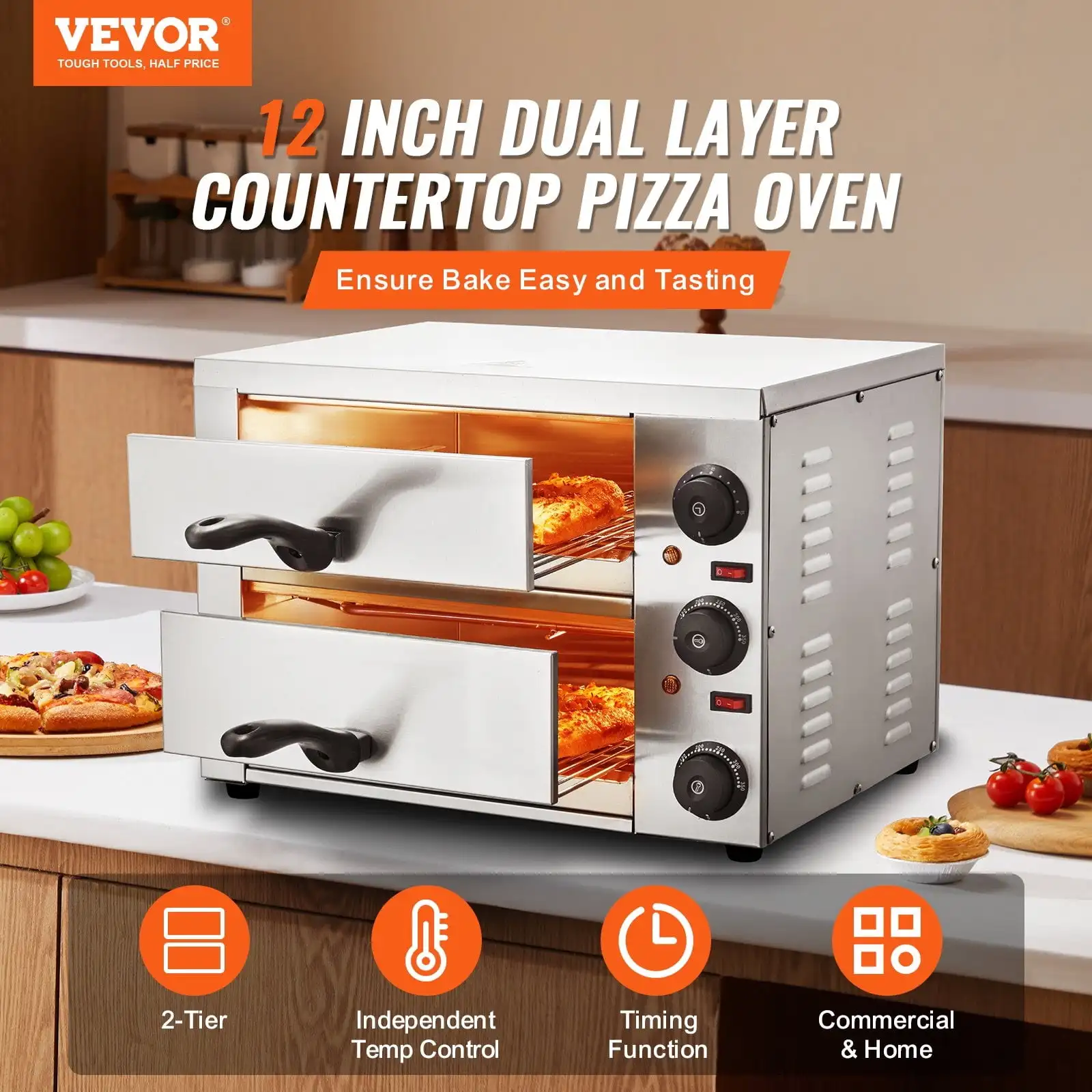 Electric Countertop Pizza Oven 12" Adjustable Temperature 0-120Min Timer