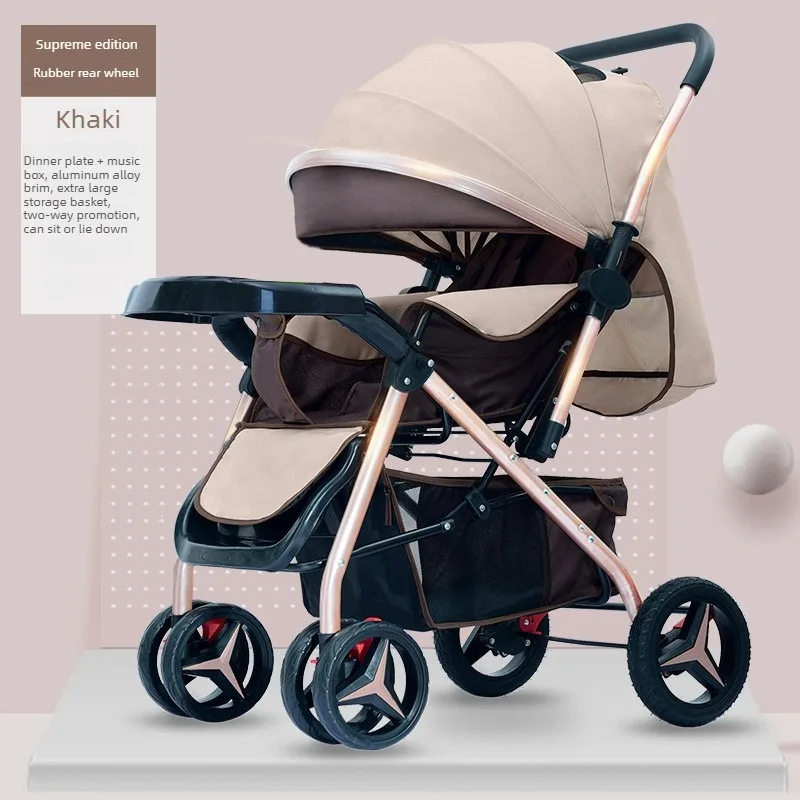 Baby Stroller with Reversible Reclining Seat Four Wheel Suspension Music Tray Large Storage Basket and Foldable Design
