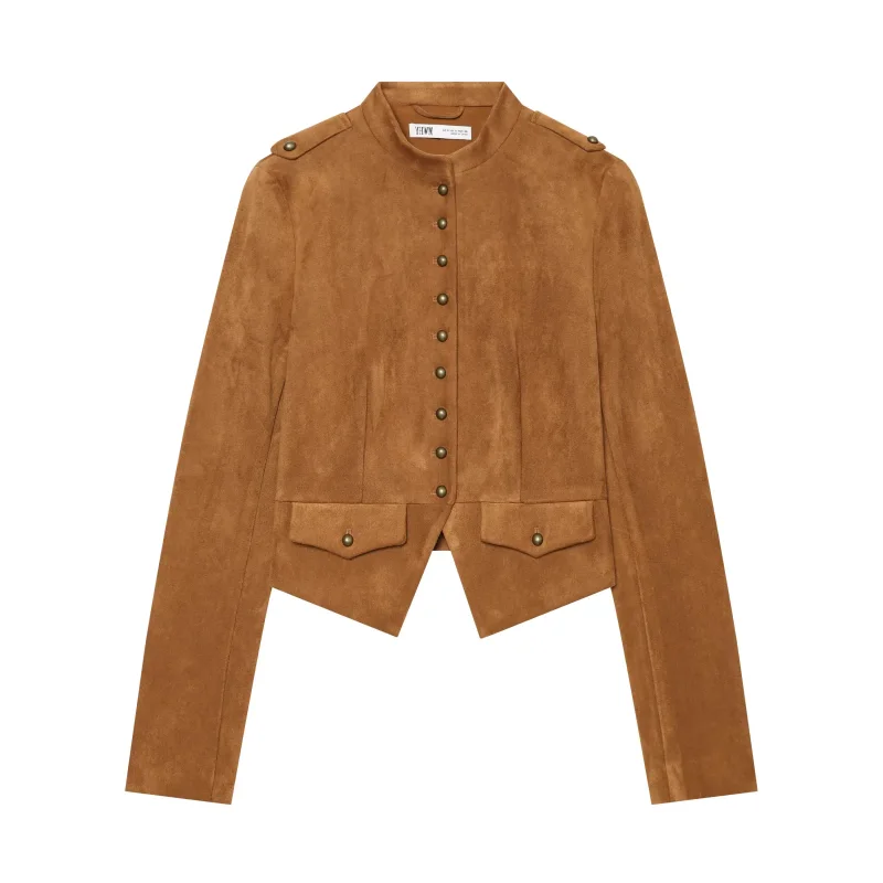 2026 Neue Damen Kunstwildleder Kurze Jacke Einreihig Langarm Epauletten Tasche Schmal Geschnitten Unregelmäßiger Saum Vintage Militärstil – Detail 4