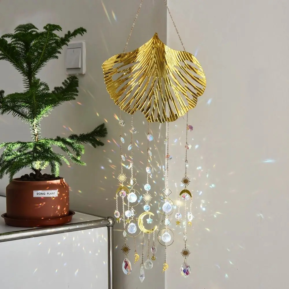 Ginkgo Leaf Shape Crystal Wind Chime Hanging Pendant Crafts Gift Colorful Sun Catcher Golden Color Home Garden Decoration