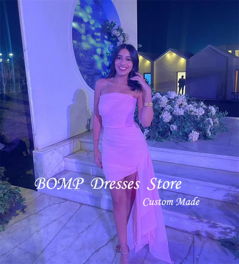BOMP 간단한 핑크 미니 짧은 칵테일 댄스 파티 드레스 생일 공식 이브닝 가운 Strapless 쉬폰 여름 스커트 맞춤형