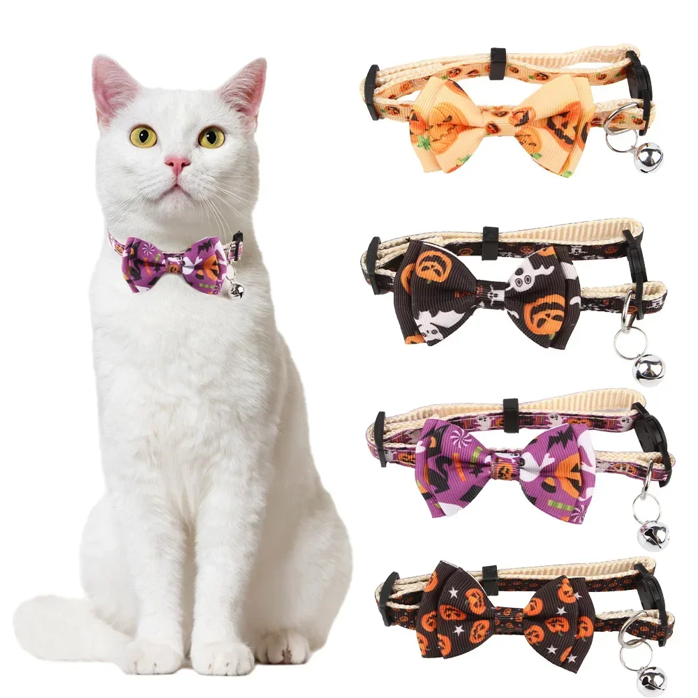 Halloween Pet Woven with Ribbon Bow Cat Collar with Bell Adjustable Pet Collar