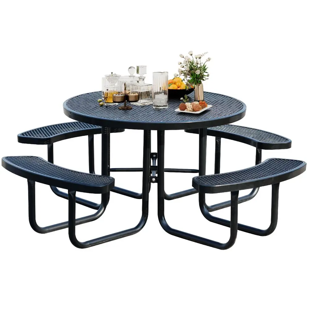

Picnic Tables for Outdoors, Industrial 46 Expanded Metal Round Picnic Table with 4 Benches amp Umbrella Hole, Outside Table and