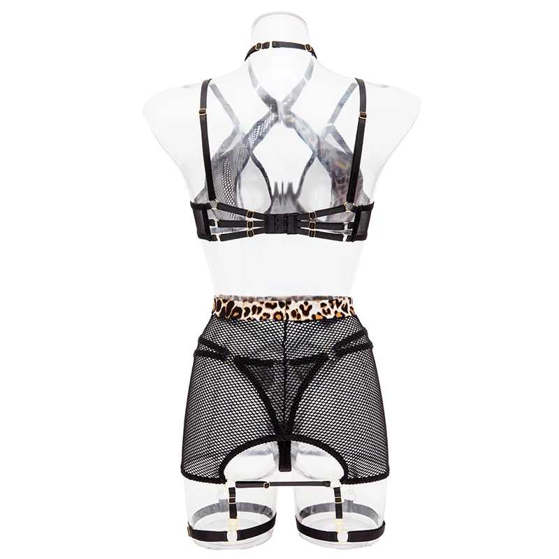 MUZISKAT 2024 Spring Hot Ladies Erotic Lingerie Net Red Halter Cross Leopard Splicing Neck See-Through Bra Set Female