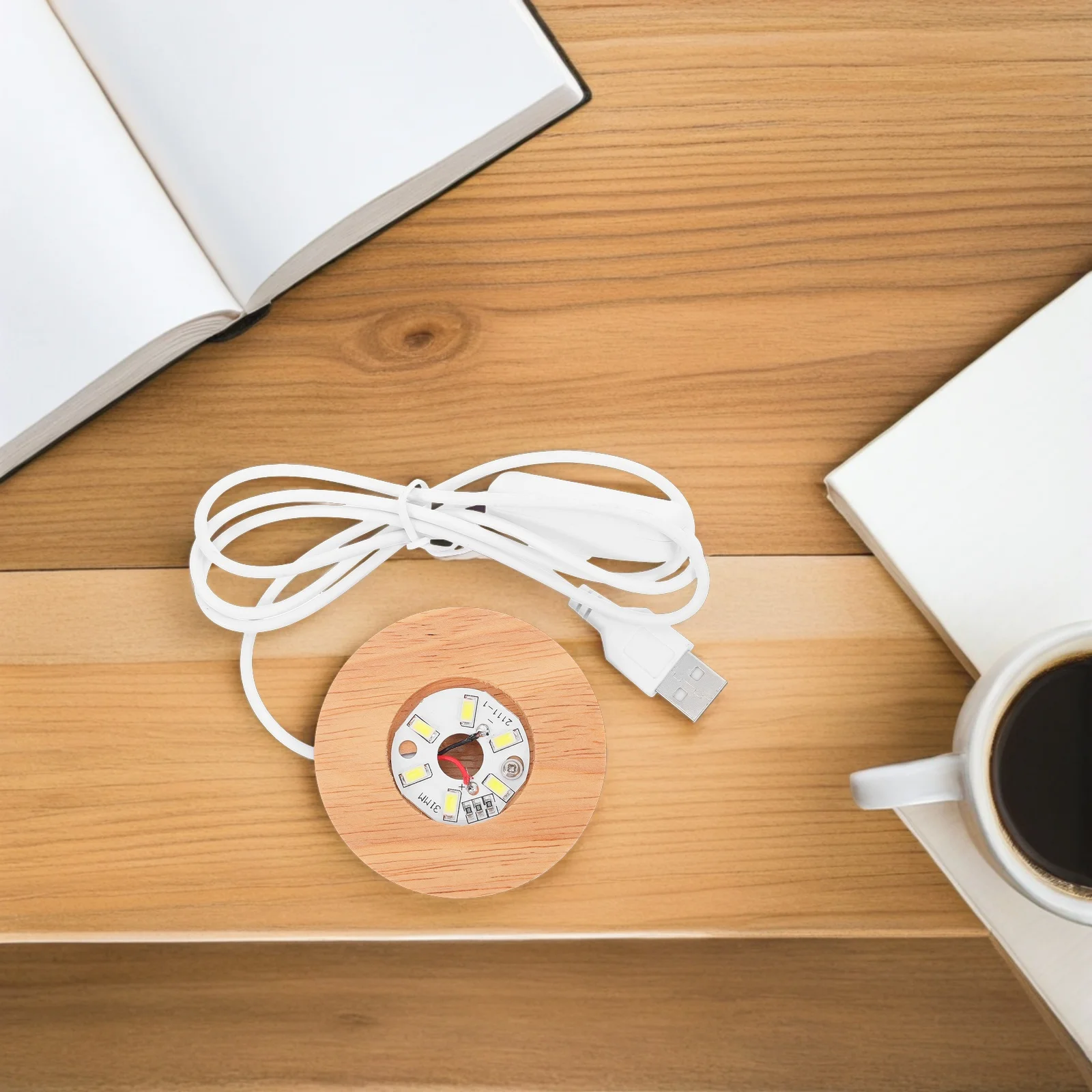 Wood Mini Round LED Lighted Crystal Ball Stand Rubberwood Base Night Light for Bedside Table Living Room Decoration USB