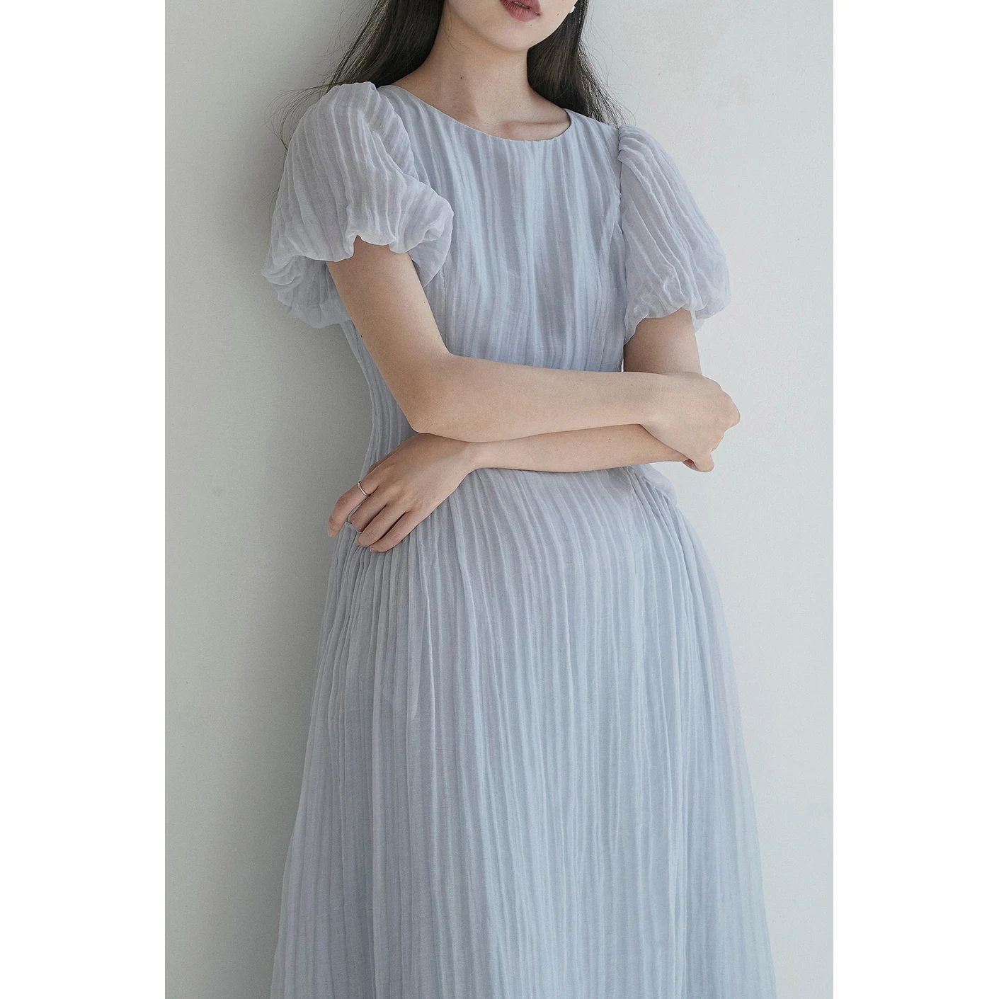 

Elegant Dream Blue Minimalist Beautiful Dress Bubble Sleeve Fairy Tale like Polyester Cotton Blend Summer Dress
