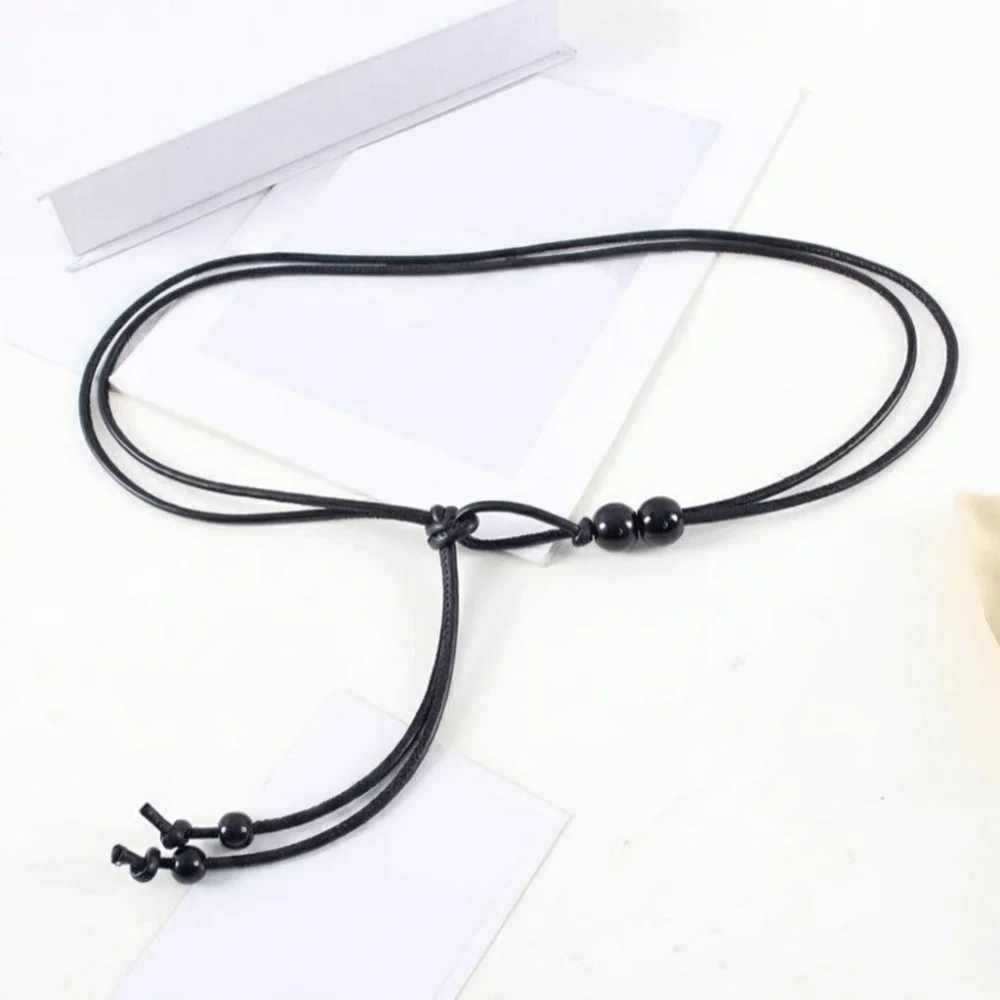 Fashion Slim Rope Waist Chain Bead Adjustable Leather Waistband No Punching Tie Rope Thin Belt Waist Decor