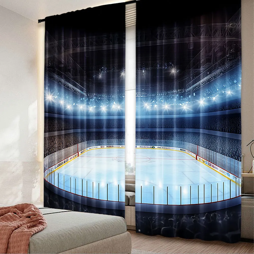 2Pcs Hockey Curtains A Sports Arena Full Of People Fans Audience Tournament Championship Match Living Room Bedroom Window Drapes