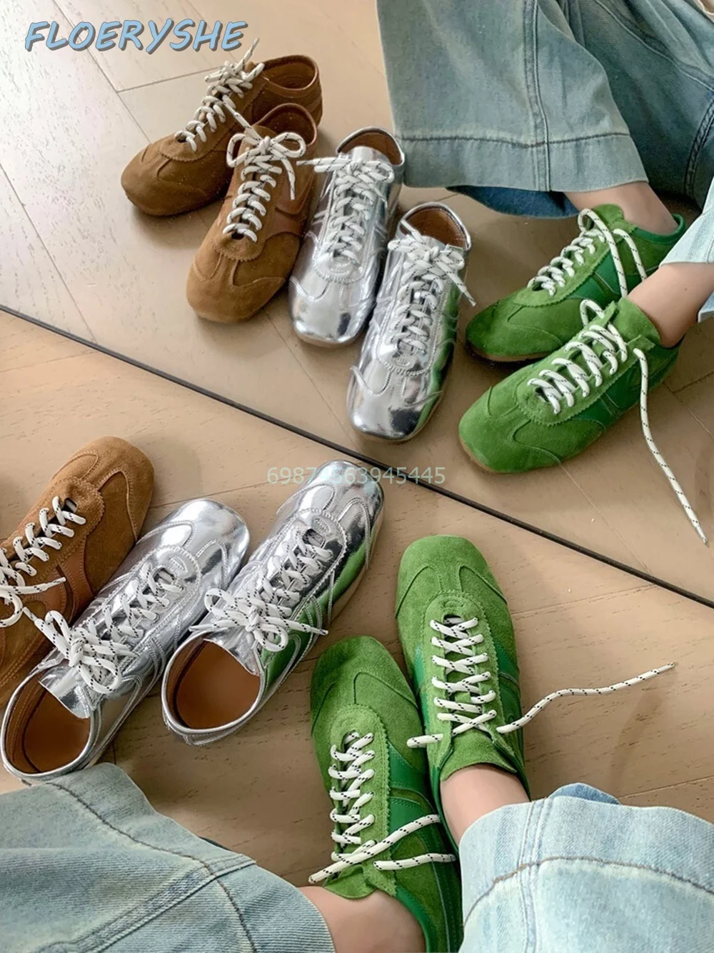 Zapatillas de deporte Retro para mujer, zapatos de tenis con cordones, costura de cuero Real, verde, plata, marrón, moda para deportes al aire libre, Otoño, 2024