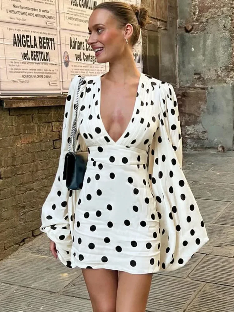 

Polka Dot Flare Long Sleeve Sexy Mini Dress Women Autumn Winter Deep V Neck High Waist Ruched Club Party Dresses Female