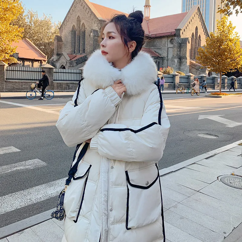 

Korean Fashion Down Jackets For Women 2023 Long Winter Coat Ladies Hooded Parka Large Fur Collar Loose Warm Cotton-Padded Coats