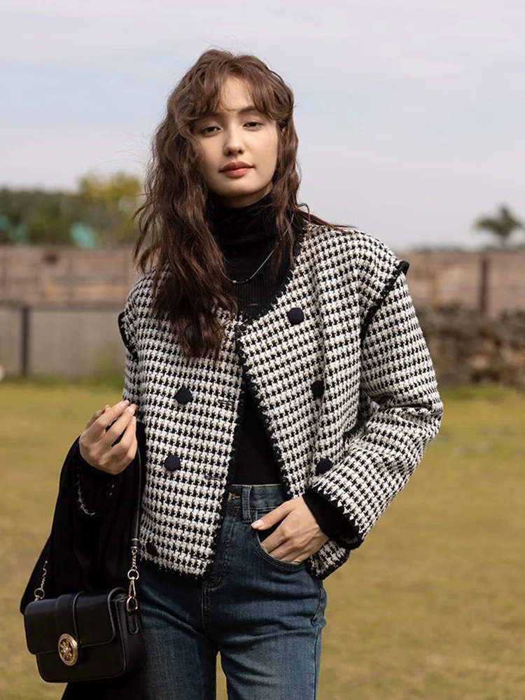 Zoki Vintage Plaid Tweed Jacket Women French Elegant O Neck Coat Casual All Match Streetwear Retro Female Long Sleeve Outwear