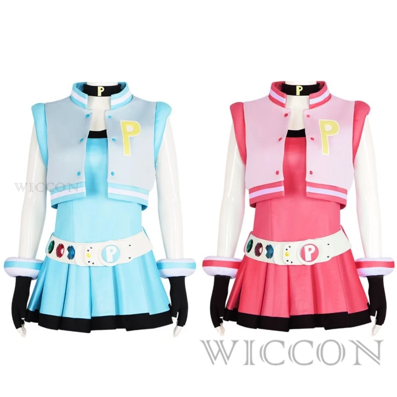 

Power Cos Puff Girls Cosplay Costume Hyper Blossom Rolling Bubbles Costume Vest Coat Dress Outfit Hairband Gloves Belt