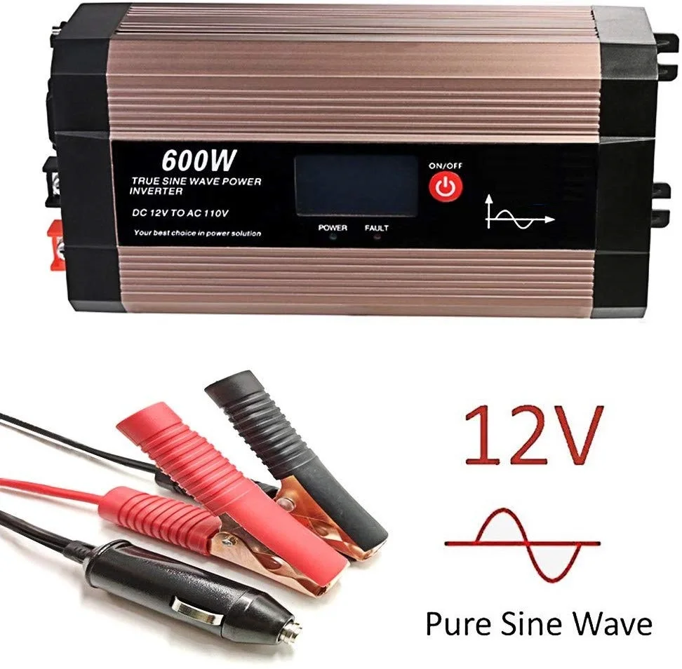 Power Inverter Pure Sine Wave 600 Watt 12V DC to 110V 230V with LCD Display, Dual AC Outlets and USB Port, Perfect for Emergency