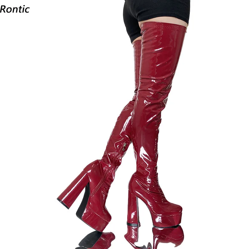 

Rontic New Women Spring Thigh Boots Stretch Patent Leather Block Heels Round Toe Gorgeous Burgundy Red Party Shoes US Size 5-20