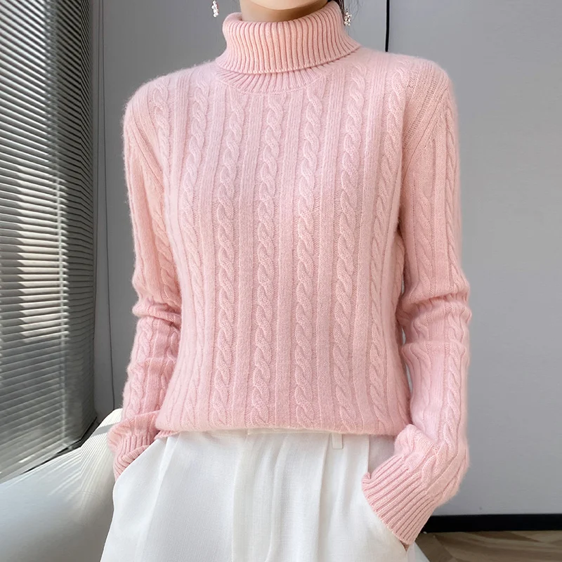 Jesień Zima Nowy 100% Wełna Merino Sweter Damski Kołnierz Dzianinowa Bluza Moda Twisted Flower Sweter Długi Rękaw Ciepłe Topy