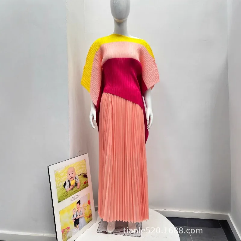 الشرق الأوسط جديد مياكي فستان مطوي المرأة مزاجه غير النظامية راجلان كم علوي أنيق Colorblocking تمتد نصف تنورة مجموعة #4