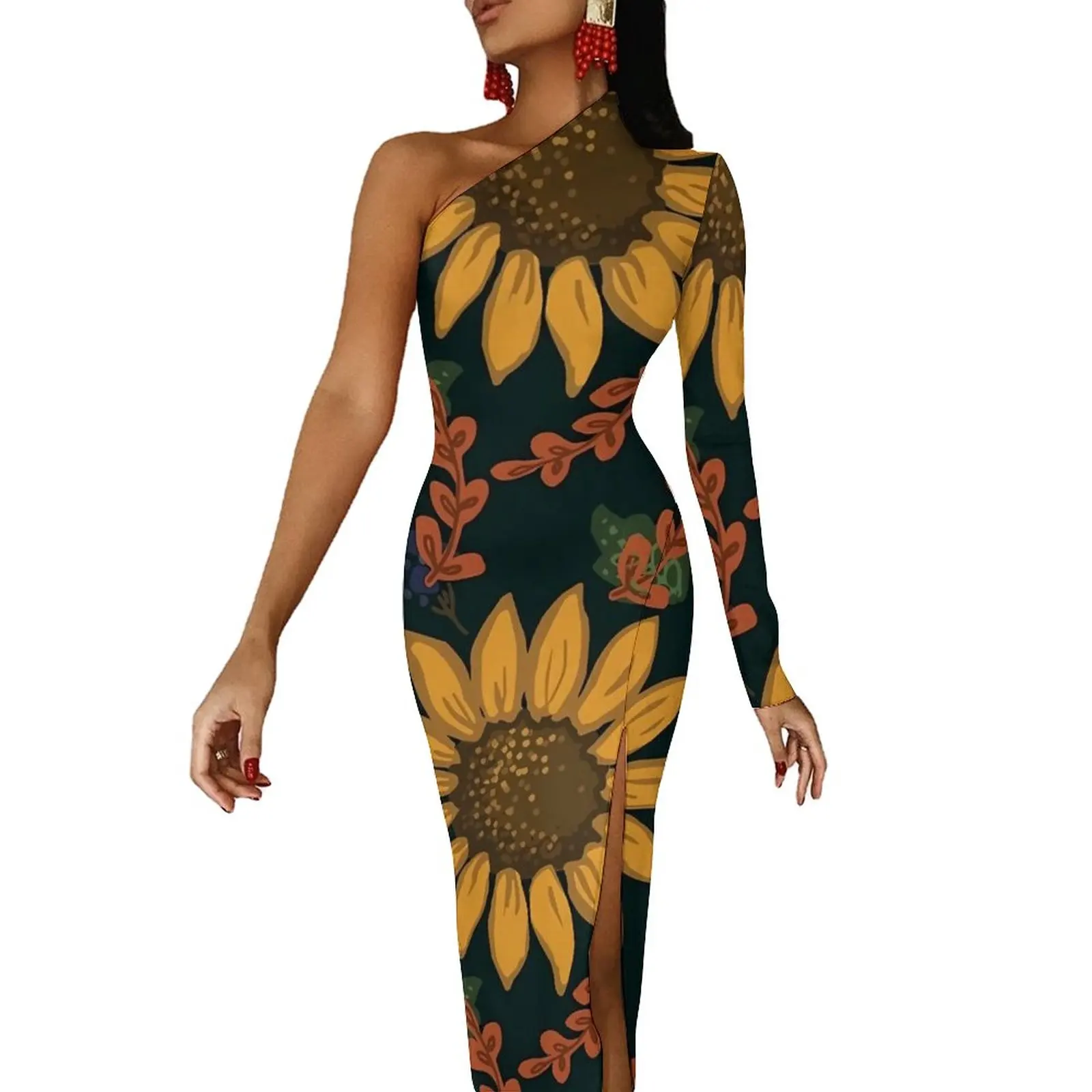 

Sunflower Maxi Dress Long Sleeve Flowers Print Party Bodycon Dresses Autumn Elegant Dress Womens Printed Vestido