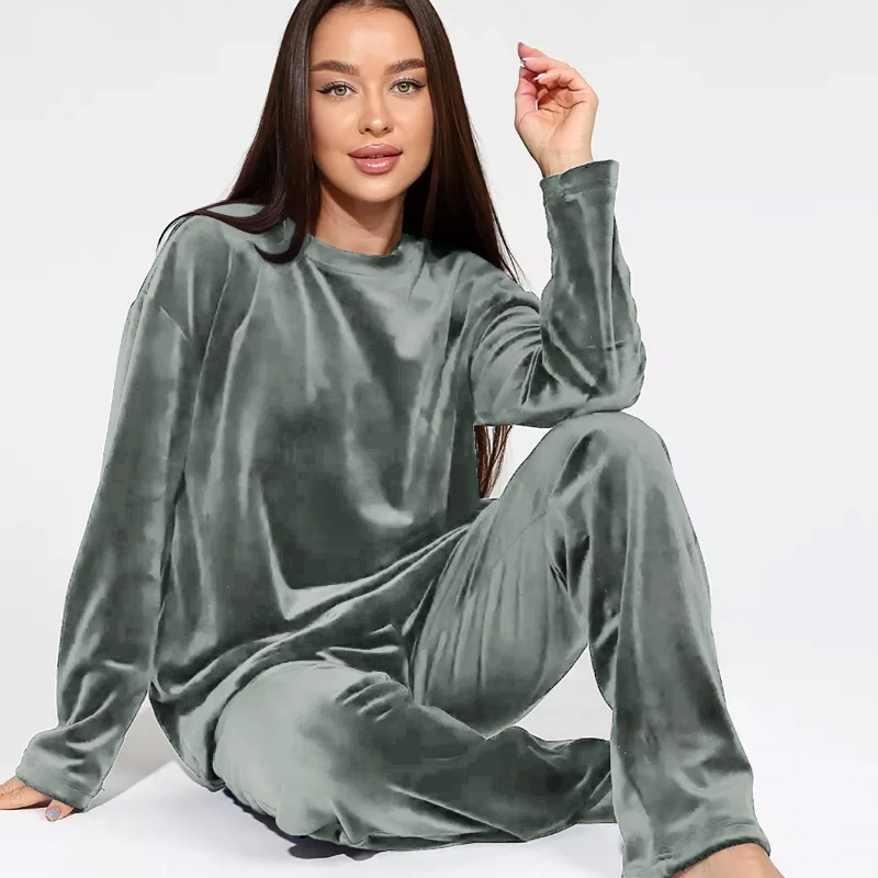 

Cross-border Women's Loungewear Autumn and Winter Golden Velvet Long-sleeved Trousers Pajamas Women's Suits Can Be Worn Outside