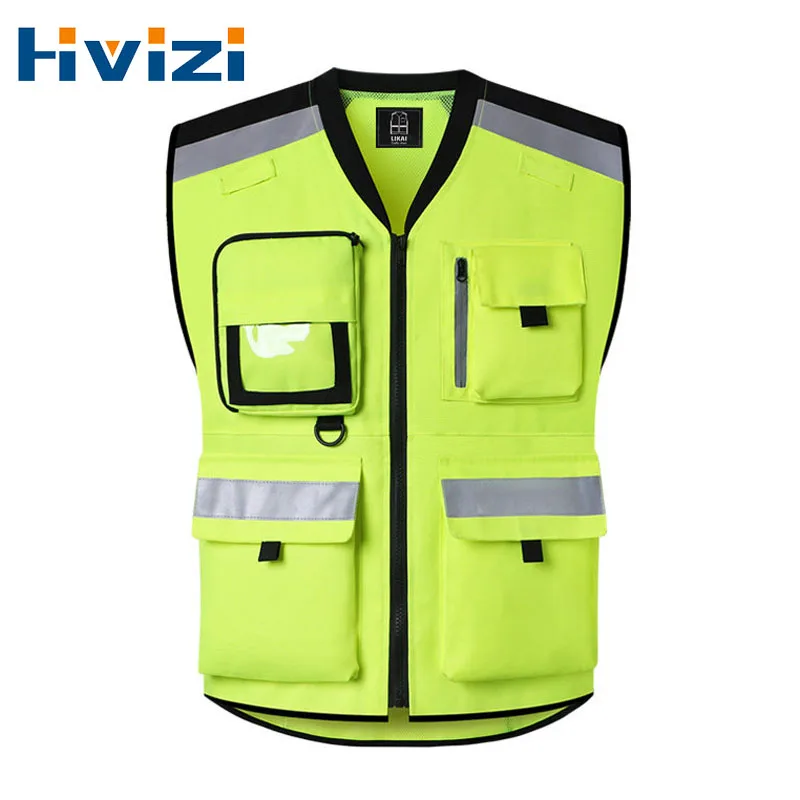 Oxford Multi-Pockets High Visibility Zipper Front Safety Vest with Reflective Strips Bicycle and Motorcycle Riding Multipurpose