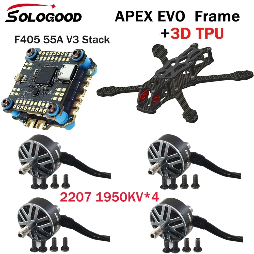 SoloGood APEX EVO Frame Kit  F405 55A V3 Stack ICM42688P BLS55A 4in1 ESC 2207 1950KV 3-6S Lipo Unibell Brushless Motor