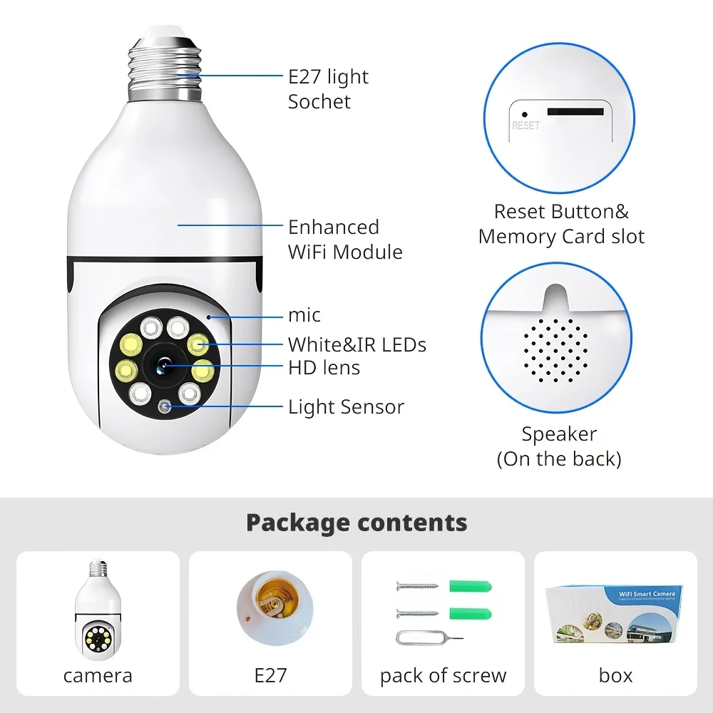 1080P night vision monitor, 5GHz Wi-Fi Bulb Security Monitor Camera , alarm push, 360° PTZ monitoring camera, intelligent motion