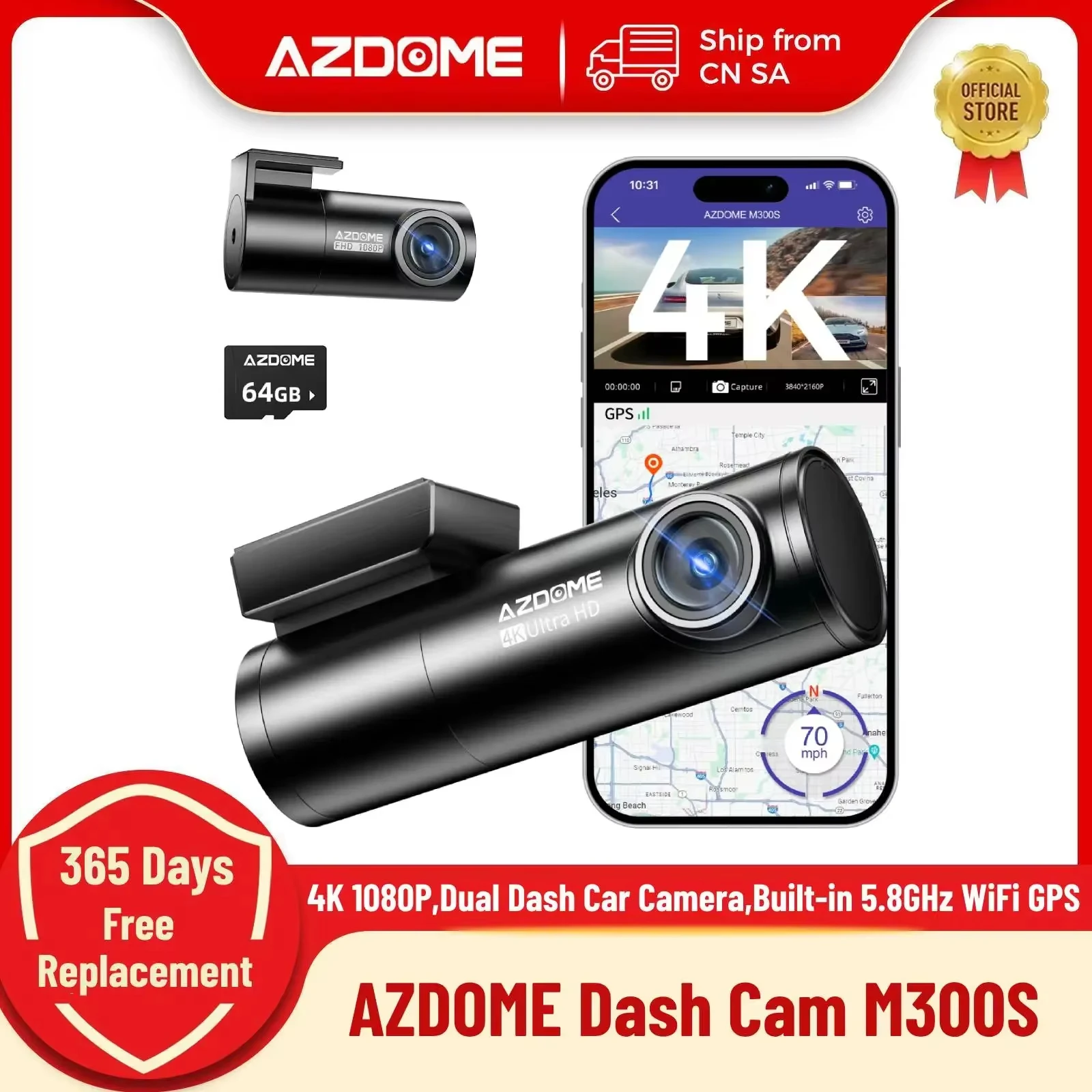 AZDOME Dash Cam M300S 4K+1080P Dual Dash Autokamera Eingebaute 5,8GHz WiFi GPS Auto DVR 24H