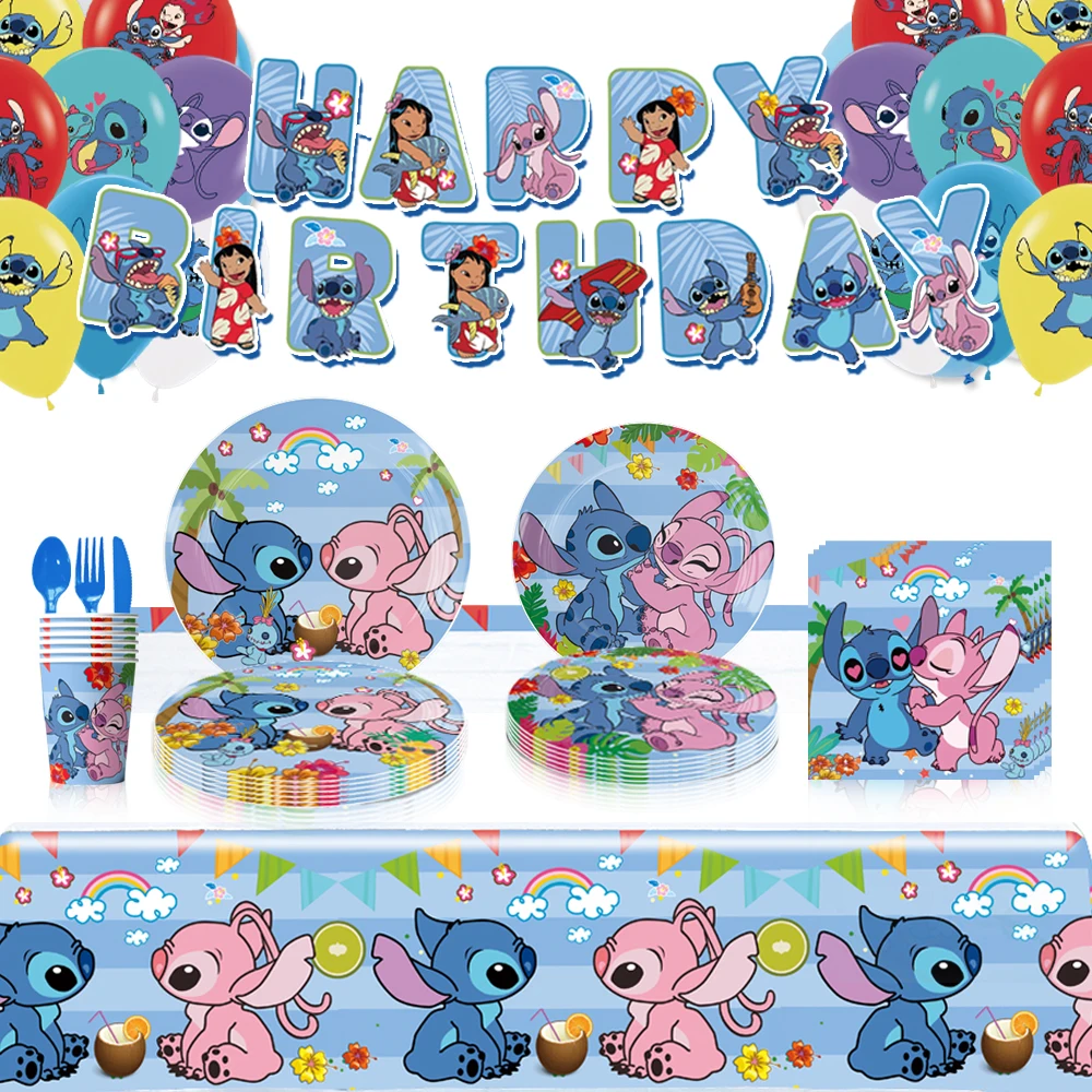 Disney Stitch Angel stoviglie forniture per feste tazza di carta usa e getta piatto tovagliolo Banner Baby Shower fai da te bambini festa di