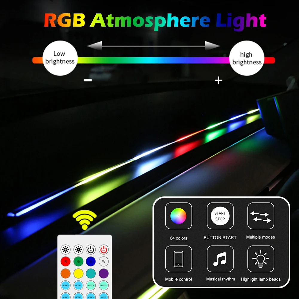 Car Ambient Lights Remote Control Auto Interior RGB LED Strip Atmosphere Lamp APP Control Plug and Play Decorational Light