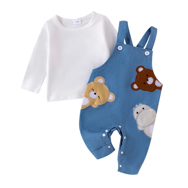 RUEWEY 0 to 18 Months Baby Girl Boy Pant Sets Spring Autumn Clothes Long Sleeve T-shirt with Embroidery Animals Overall Pants