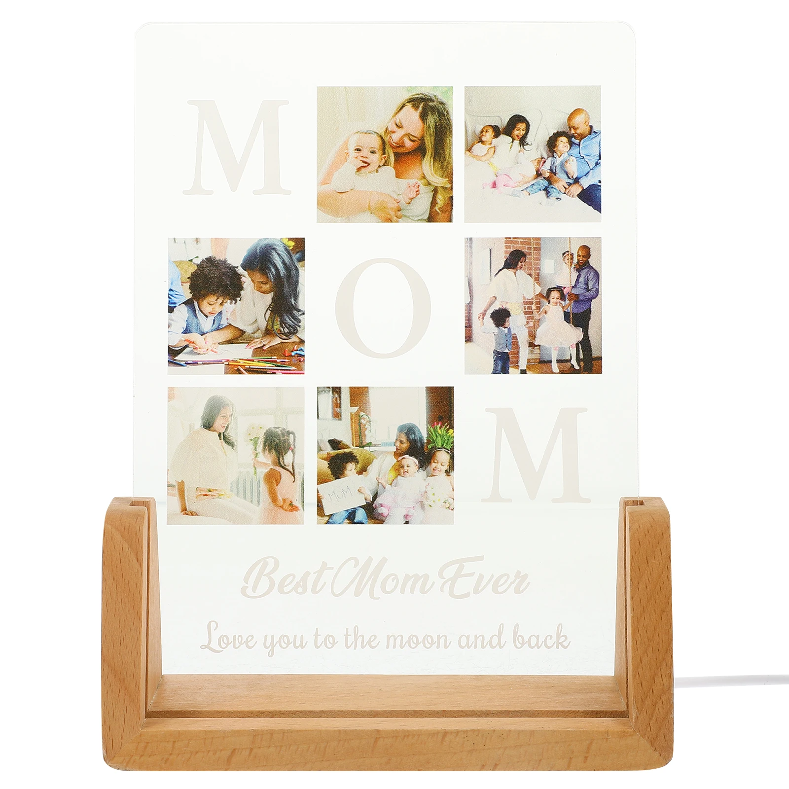 

Usb Powered Led Night Light For Mom Photo Personalized Acrylic Blessing Words Decorative Bedside Lamp Mother'S Day Gift Wooden