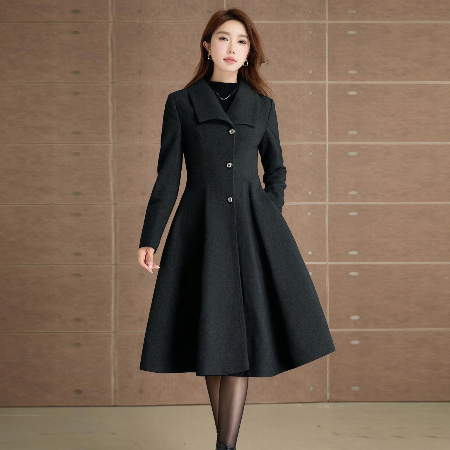 Women's Winter Classic Black Mid-Length Wool Swing Coat, Slim-Fit Flared Wool Coat