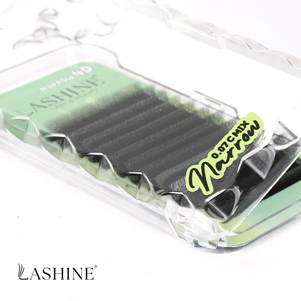 Lashine 4DW Wąskie Kępki Rzęs Przedłużanych 12 Rzędów 0.07mm C/D/M Curl MIX 7-14mm Ręcznie Robione Gotowe Kępki Objętościowe Miękkie Naturalne Rzęsy