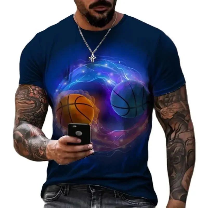 2024 New Hip Hop Creative Flame Basketball Print Men's T-shirt Summer T-shirt Outdoor Basketball Training Top Men's Round Neck