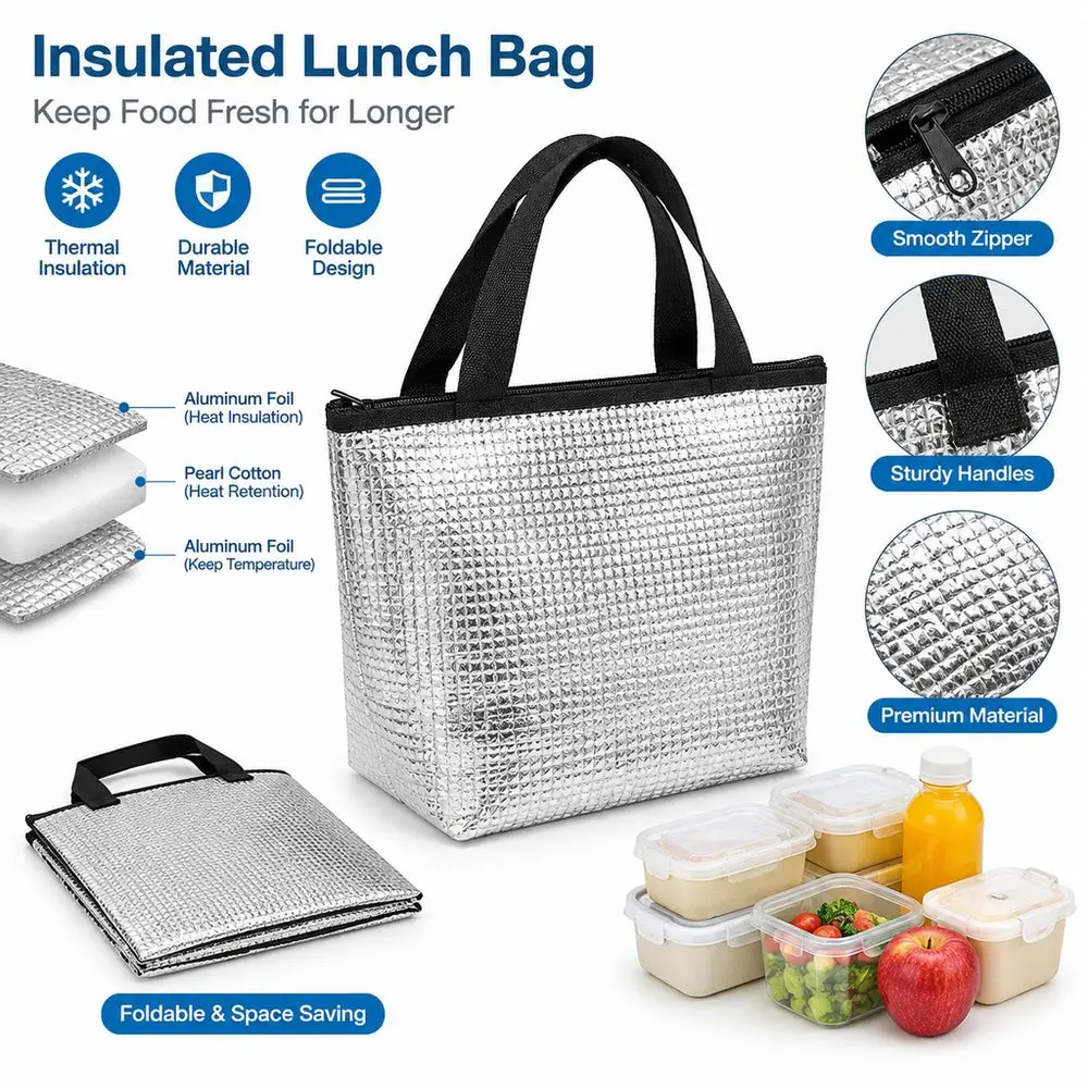 New Aluminum Foil Lining Lunch Bag Zipper Closure Handheld Insulated Cooler Bag Reusable Silver Thermal Tote Carrying