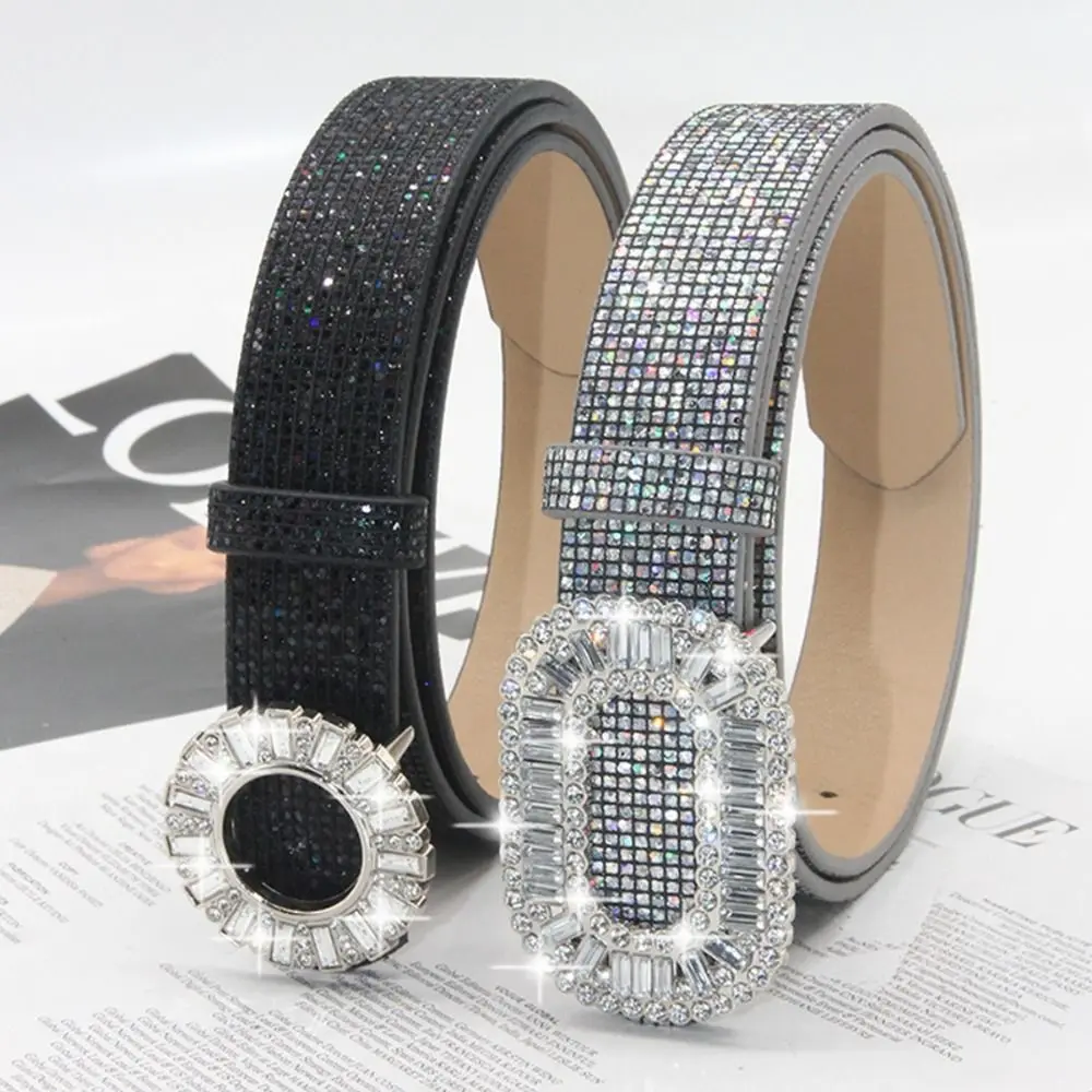 

Fashion Bling Bling Sparkling Rhinestone Belt Versatile Luxury Brand Design PU Leather Belt Glitter Slide Buckle Belt Women