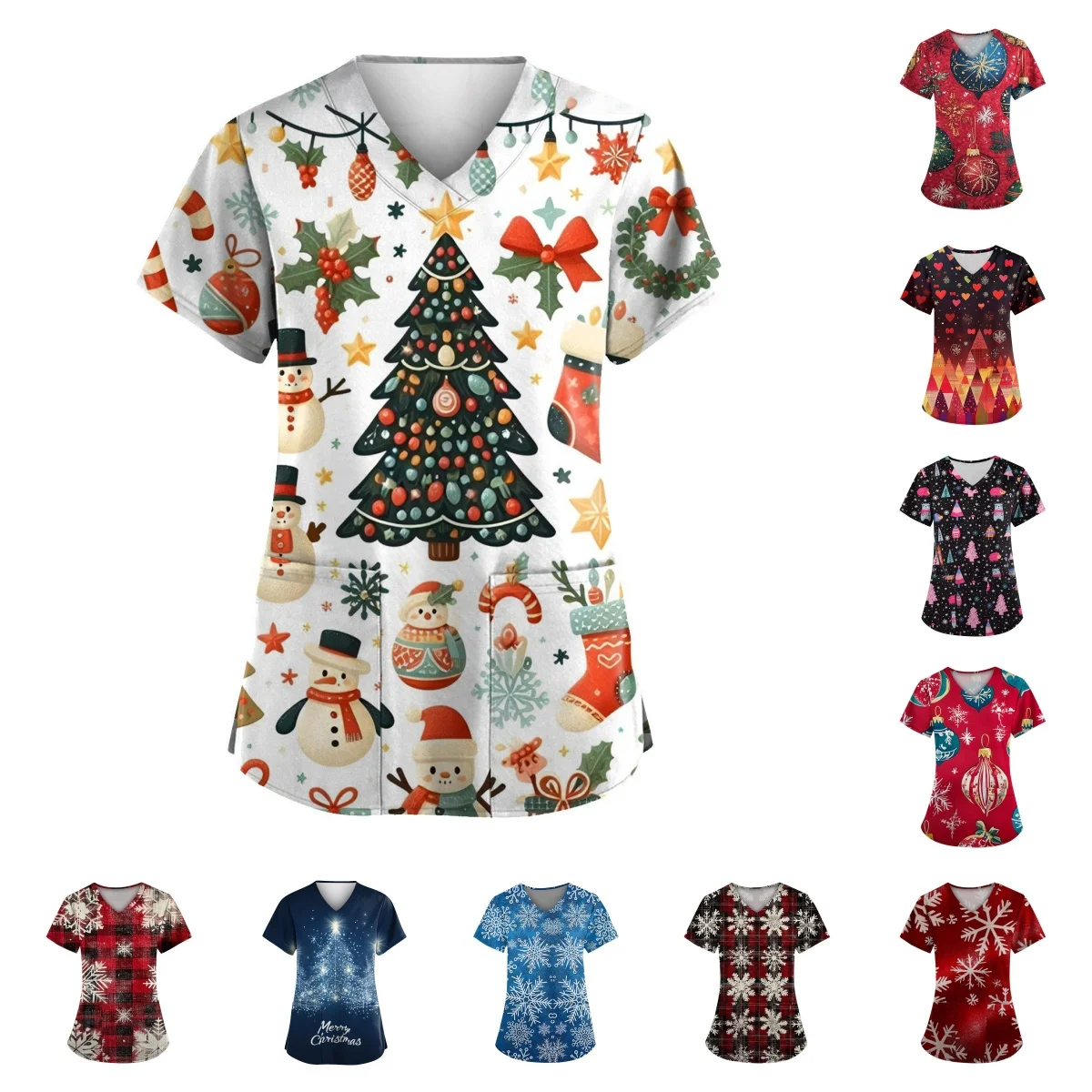女性用医療ユニフォーム、お祭りの雪片、クリスマスツリーのプリントパターン、高品質、お手入れが簡単、速乾性の服