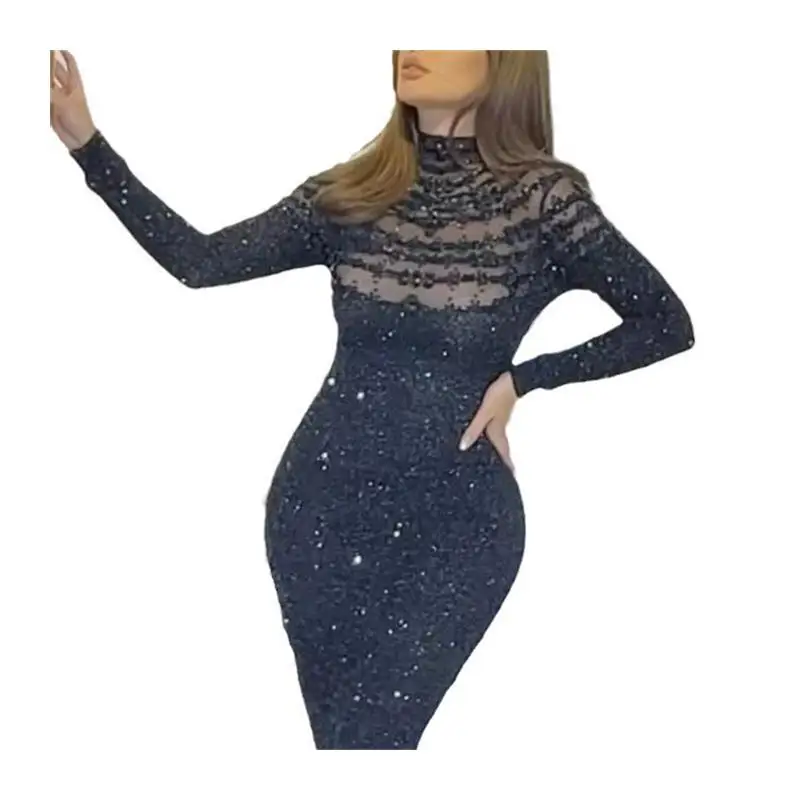 Primavera 2024 Donna Slim Fit rotondo Ne Dr Abito aderente con paillettes sexy Ele Commute Sle Vita alta Lungo Sve Maxi Dr