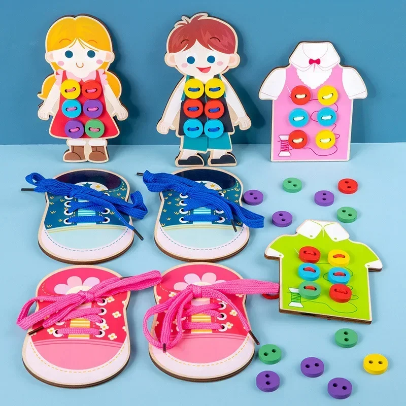 Kids Wooden Shoes Clothes Puzzle Toys Child Montessori Educational Toys Snap Lace Tie Shoelaces Activity Board Fine Motor Skills