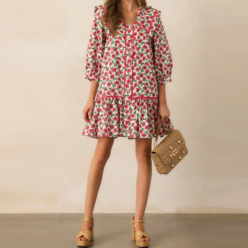 Abito corto da donna Boho floreale a trapezio Abito da babydoll fluido con maniche a sbuffo vintage Abiti a camicia smock Mini vestito estivo bohémien