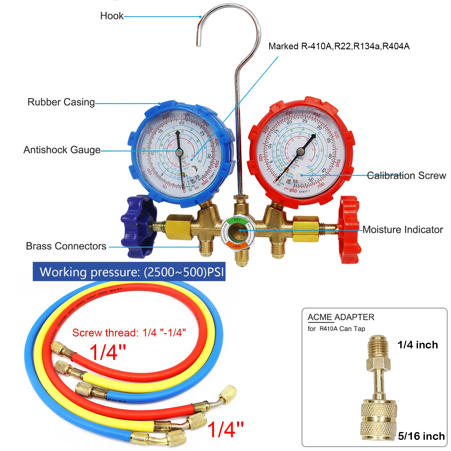 Refrigerant Air Conditioning Tools AC Diagnostic Manifold Gauge Set Hose Hook Kit for Refrigerant Testing R410A R22 R404A R134A