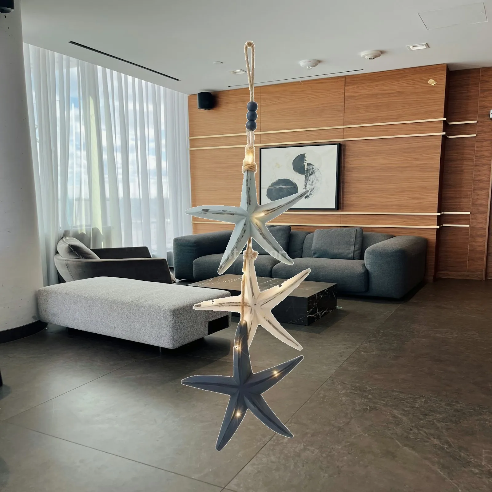 Wooden Sea Star Hanger Ocean Theme Coastal Ornament with Beads Coastal Wall Hanging Decor Marine Sea Star Ornament Lightweight