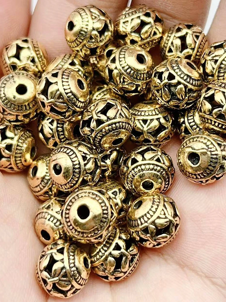 Juya Hurtownia Antyczne Złoto Srebro Platerowane 10mm Ozdobne Grawerowane Ażurowe Koraliki Do DIY Tworzenia Biżuterii z Naturalnych Kamieni — zdjęcie 2