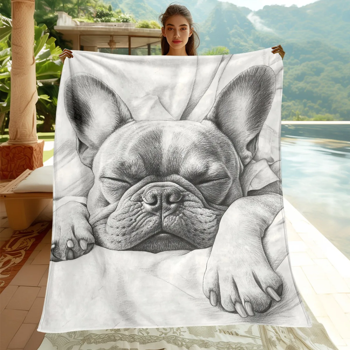 Cozy French Bulldog Drawing Throw Blanket for Pet Lovers Decor Polyester Lap Blanket Gift for Dog Owners Home Accent