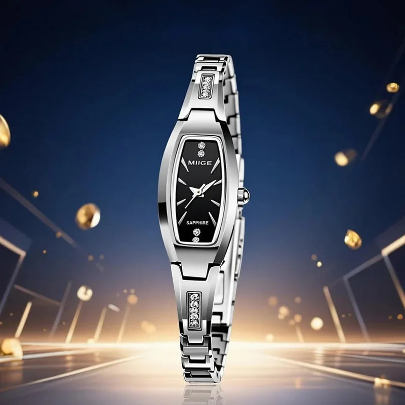 Elegant MIGE Women Quartz Wrist Watch, Silver Steel Band, Rectangle Black Dial, Rhinestone Decor Sapphire Crystal Ladies Dress W