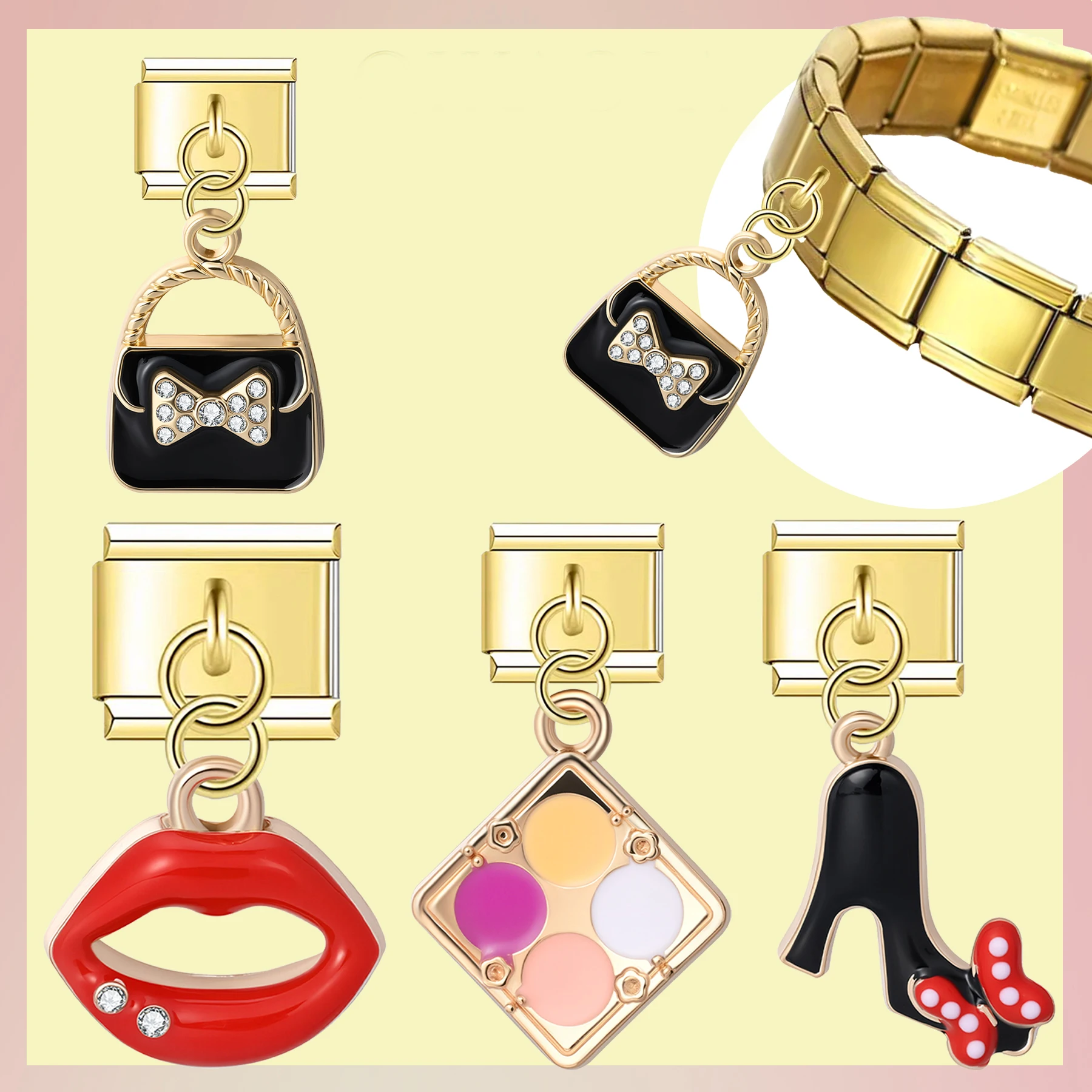 1Pc Fashion Element Pendant Red Lips Black High Heels Noble and Elegant Black Handbag Drip Oil Pendant -DIY Bracelet Necklace
