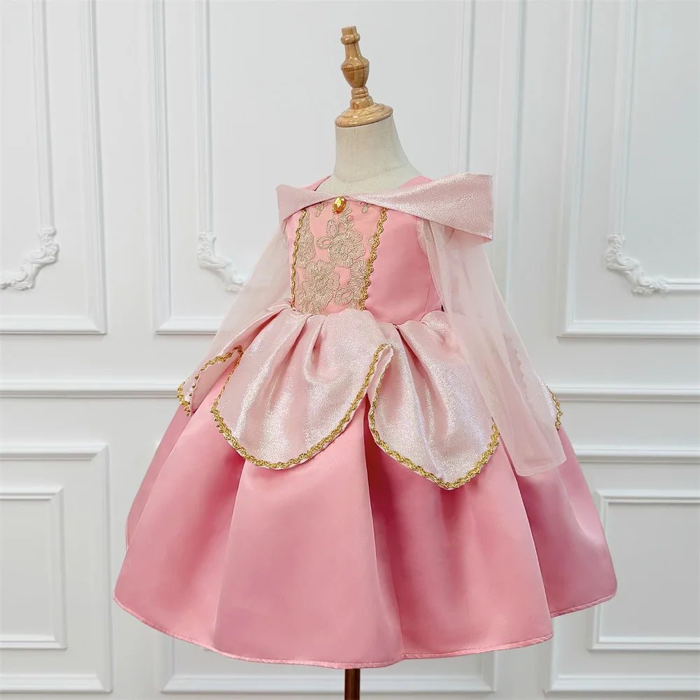 Baby Girls Aurora Pink Princess Dress Embroidered Bodice Tulle Sleeve Formal Party Gown Wedding Birthday Pageant Dress ASQ03