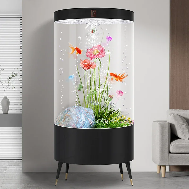 

cylindrical fish tank living room household floor cylindrical glass ecological aquarium automatic filter goldfish tank