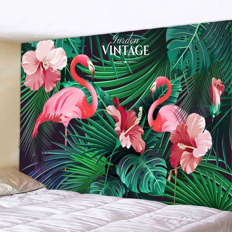 VIKAMA Watercolor Flower Flamingo Tapestry, Pink Couple Flamingo Flower Green Leaf Wall Art for Bedroom Living Room Decor